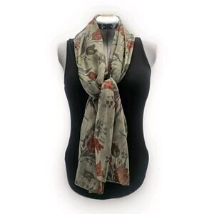 Retro Vintage Floral Scarf Poly Rectangle Shawl Scarf Roses Greens & Red 20x64"